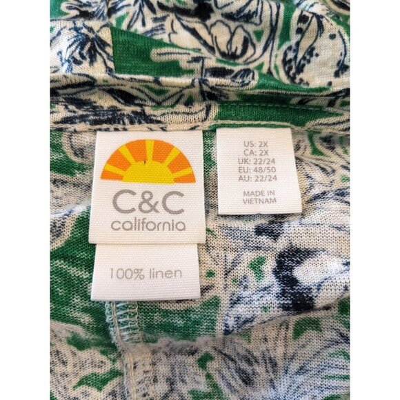 C & C California Womens Plus Size 2X Linen Top Green Tropical Print V Neck - Picture 6 of 6